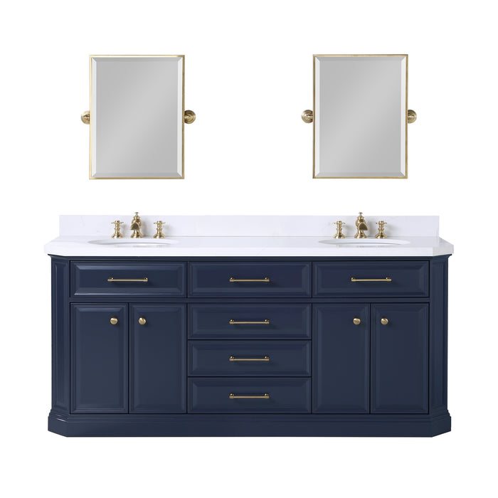 72-Inch Archway Monarch Blue Bath Vanity – Quartz Countertop with Gold Accents & Pivot Mirrors