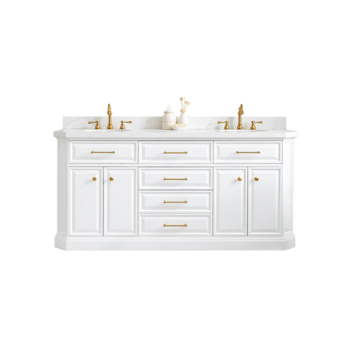 72-Inch Celestia Quartz Bath Vanity – White Cabinet with Gold Hardware & Hook Faucets