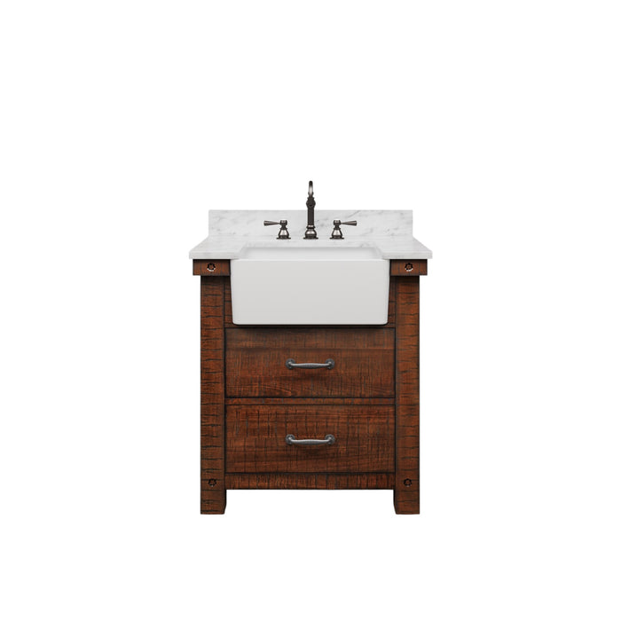30 Inch Carrara White Marble Baxley Bathroom Vanity Rustic Sienna Finish with Oil Rubbed Bronze Hardware