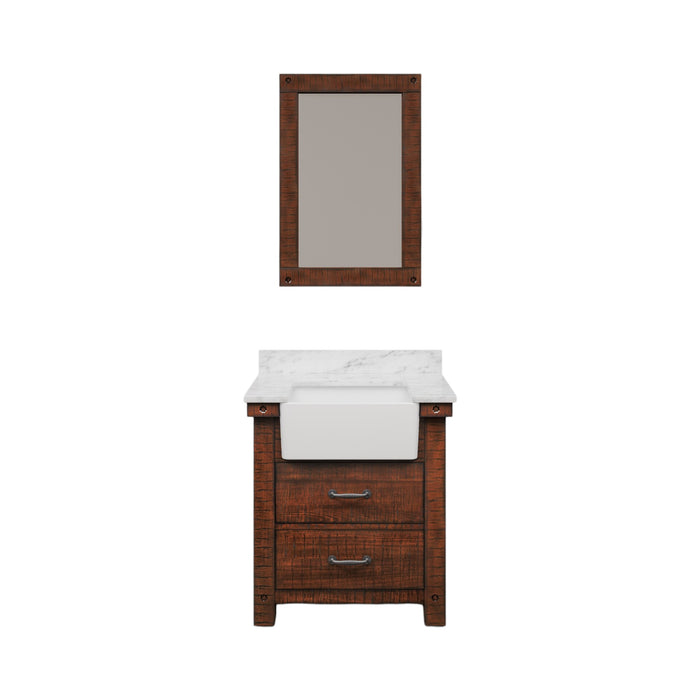 30 Inch Rustic Sienna Brighton Vanity Set - Carrara White Marble Top with Rectangular Mirror