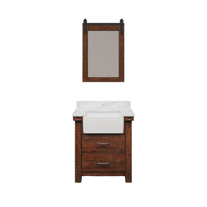 30 Inch Riverside Single Sink Carrara White Marble Vanity Rustic Sienna Wood Finish with Barn Door Style Mirror