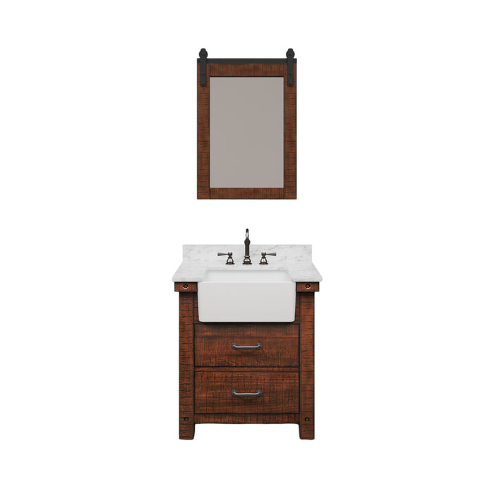30-Inch Single Sink Carrara White Marble Savannah Vanity in Rustic Sienna with Oil Rubbed Bronze Faucet and Barn Door Mirror