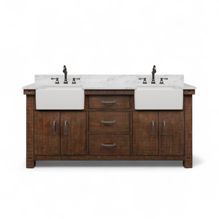 72 Inch Pitch Double Sink Rustic Sienna Bathroom Vanity - Carrara Marble Countertop with Oil Rubbed Bronze Hook Faucets & Soft Close Drawers