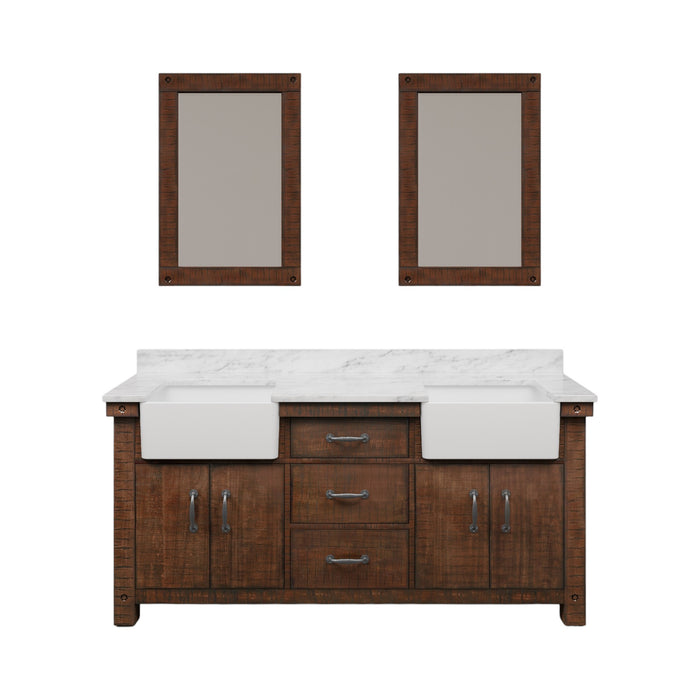 72 Inch Restore Carrara White Marble Double Sink Bathroom Vanity Rustic Sienna Soft Close Drawers Mirrors