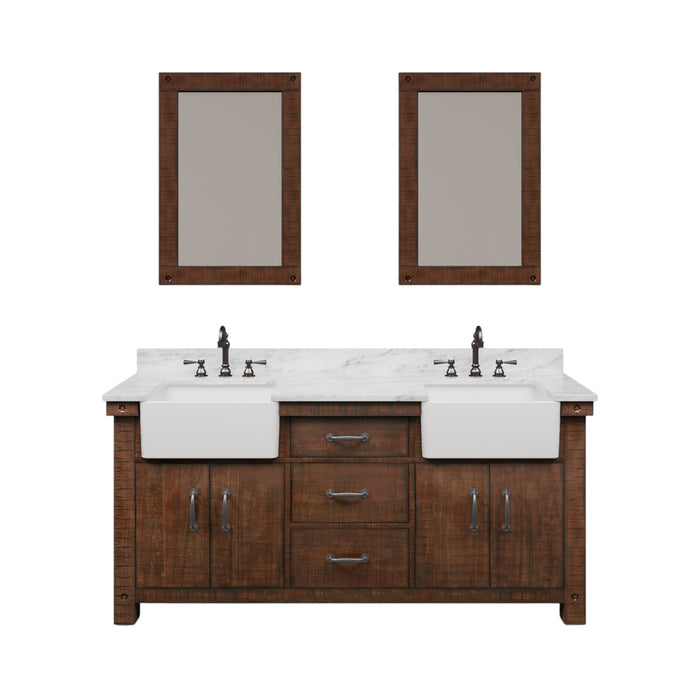 72-Inch Rustic Sienna Privy Bathroom Vanity Set - Double Sink Carrara Marble Top with Rectangular Mirrors