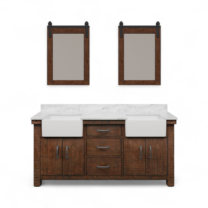 72 Inch Caymand Double Sink Carrara White Marble Countertop Vanity in Rustic Sienna with Barn Door Style Mirrors