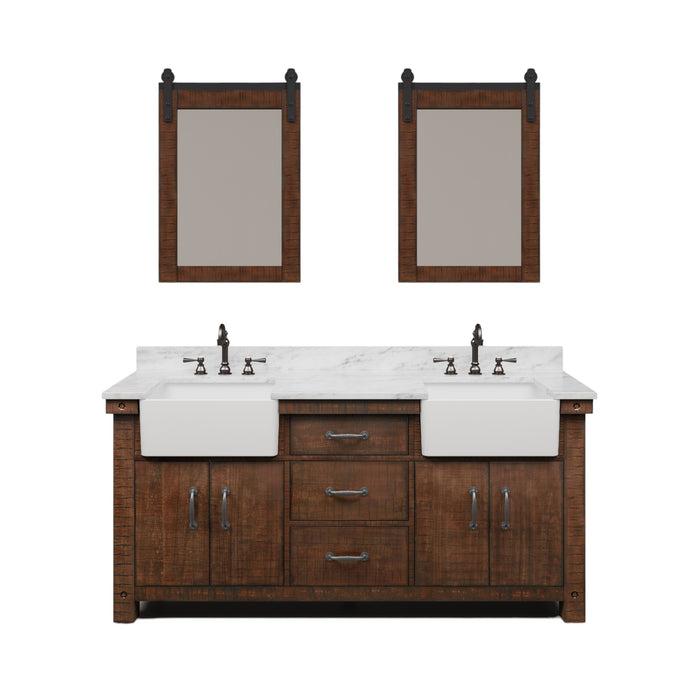 72 Inch Amplify Rustic Sienna Double Vanity - Carrara White Marble Top with Oil Rubbed Bronze Faucets & Mirror