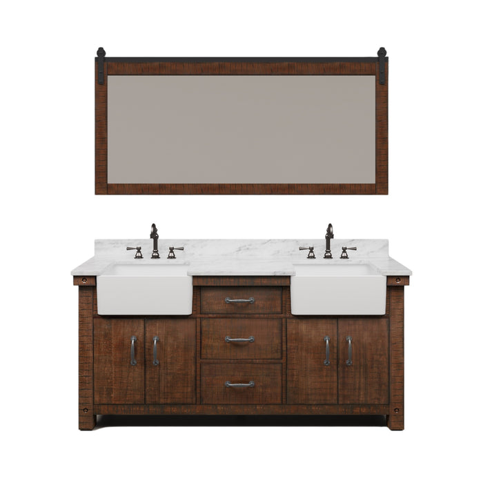 72 Inch Rouse Double Sink Rustic Sienna Bathroom Vanity - Carrara Marble Countertop with Oil Rubbed Bronze Hook Faucets & Mirror