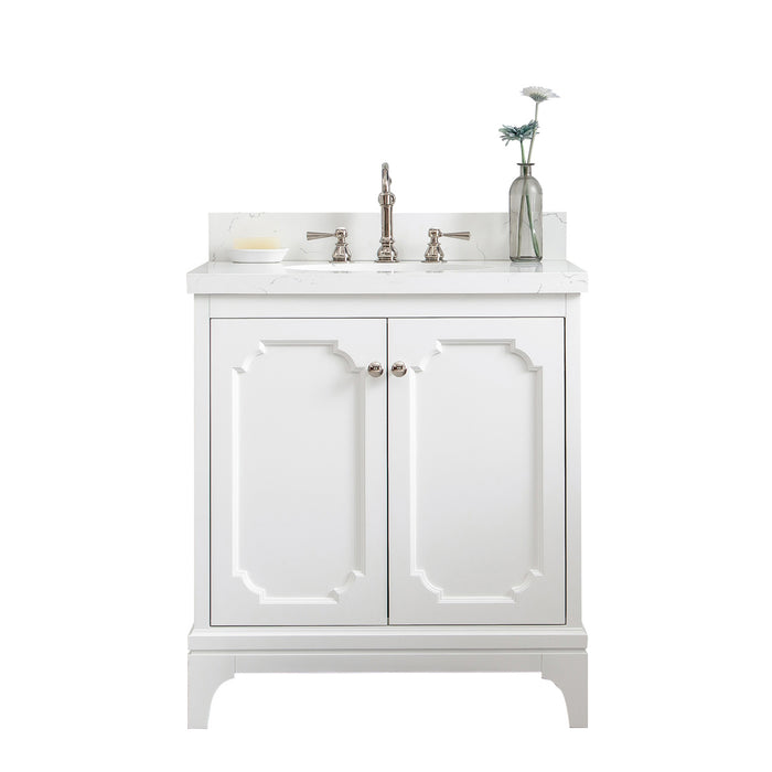 30-Inch Calla Bathroom Vanity – Polished Nickel Hardware with Quartz Top & Hook Faucet