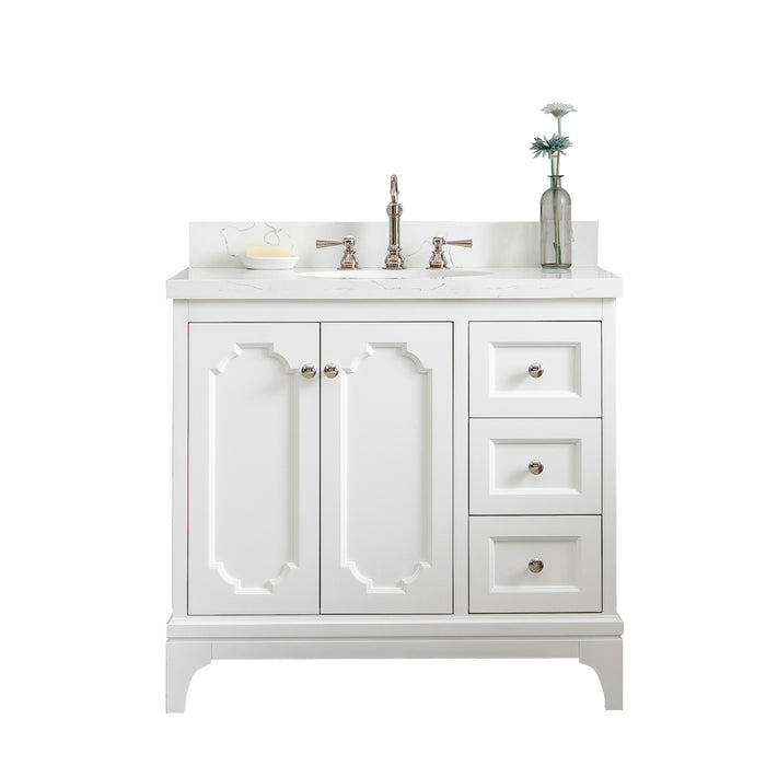 36-Inch White Quartz Saville Bath Vanity – Hook Faucet & Polished Nickel Accents