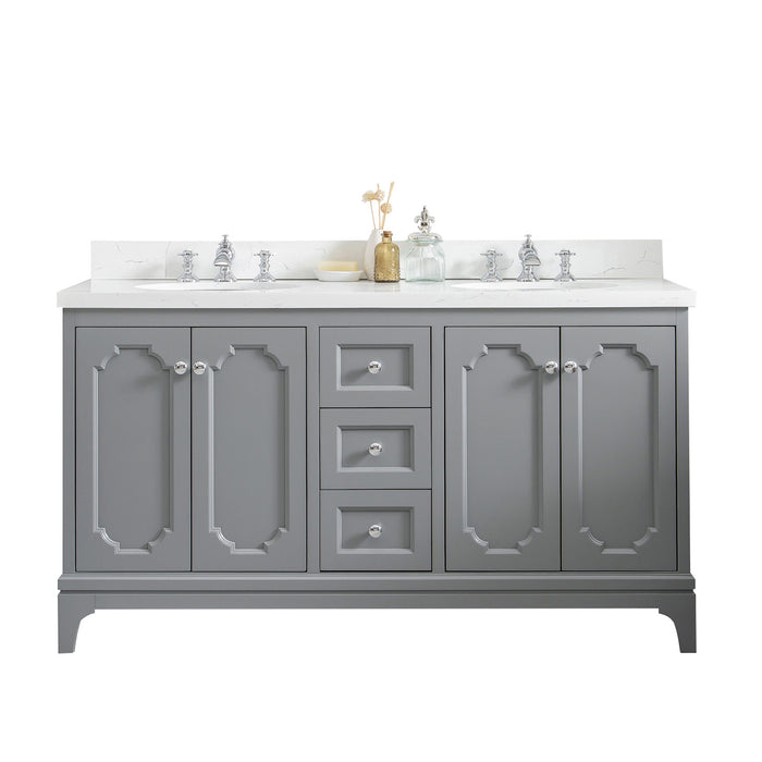 60-Inch Sinya Double Sink Bathroom Vanity Queen Carrara Quartz Countertop Cashmere Grey Chrome Waterfall Faucets