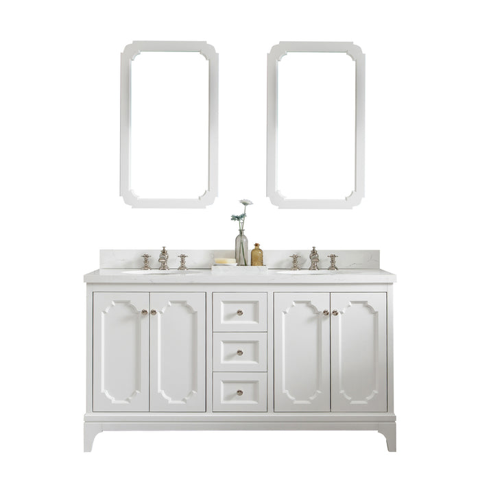 60-Inch Argos Double Sink Bathroom Vanity Set Carrara Quartz Pure White Soft Close Waterfall Faucets Mirror Included