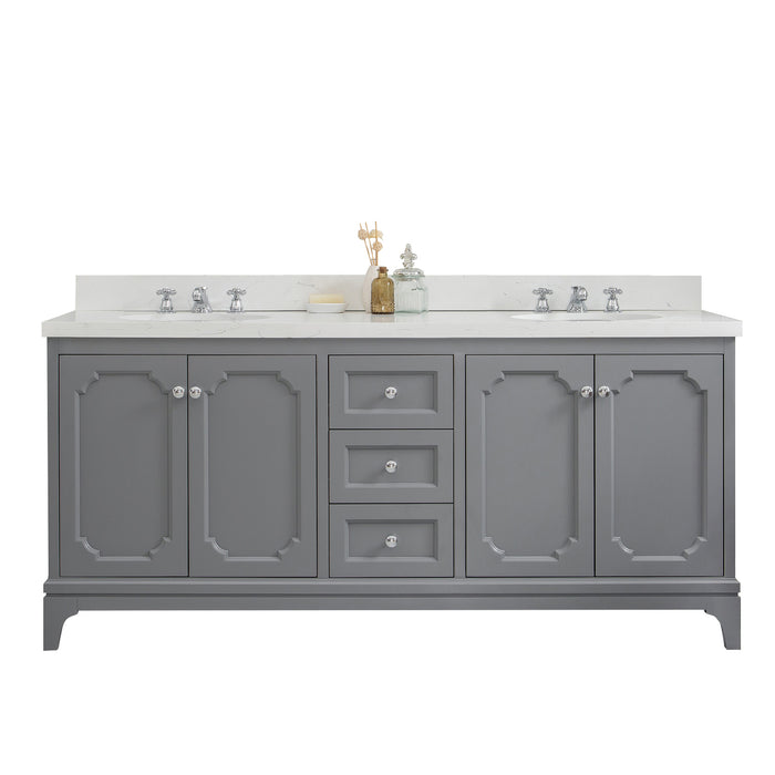 72-Inch Terza Double Sink Bathroom Vanity - Carrara Quartz Top in Cashmere Grey with Chrome Accents