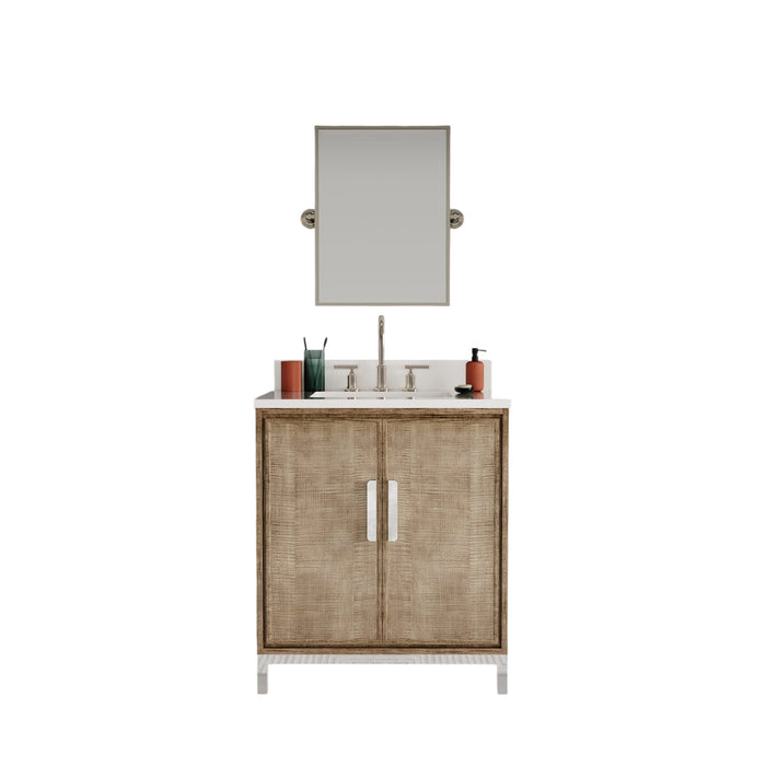 30-Inch Rylina Whitebrook Quartz Bathroom Vanity in Lustrous Walnut - Single Sink with Soft-Close Doors and Mirror