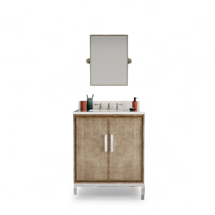 30-Inch Charlie Whitebrook Quartz Bathroom Vanity Lustrous Walnut with Soft-Close Doors and Mirror