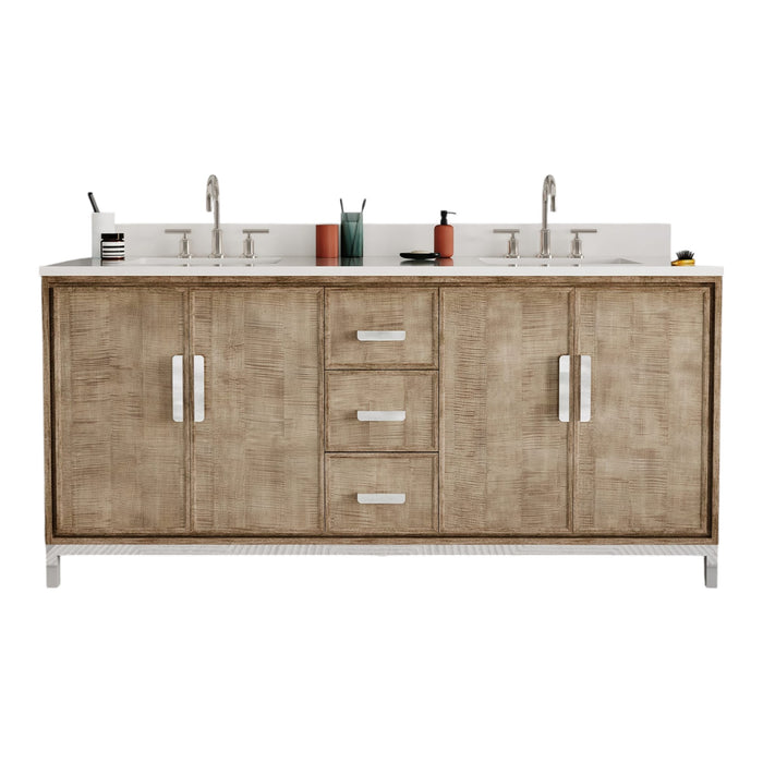 72-Inch Lustrous Walnut Terrace Double Sink Bathroom Vanity with Whitebrook Quartz Countertop and Gooseneck Faucets