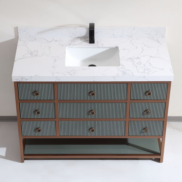 Luxury Line 48" Pewter Green 8-Drawer Bathroom Vanity – Golden Brush Steel Frame Thick White Artificial Stone