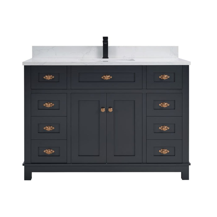 Haversham 48" Tricorn Black Free-Standing Single Vanity - Solid Wood Construction with 8 Dovetail Drawers & Stone Top