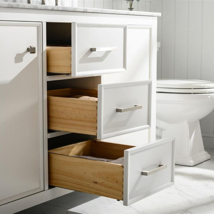Barnstorm 54" White Modern Double Sink Bathroom Vanity with Carrara Marble Top & Storage Drawers