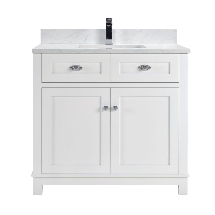 Broxburn 36" White Solid Wood Bathroom Vanity with Artificial Stone Top - FusionBath Classic Collection Single Sink Freestanding