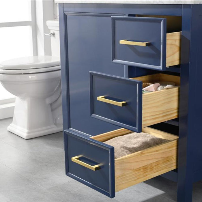 Estra 36" Blue Wood Vanity Cabinet with White Carrara Marble Top and Ceramic Sink - Modern 3-Drawer Design