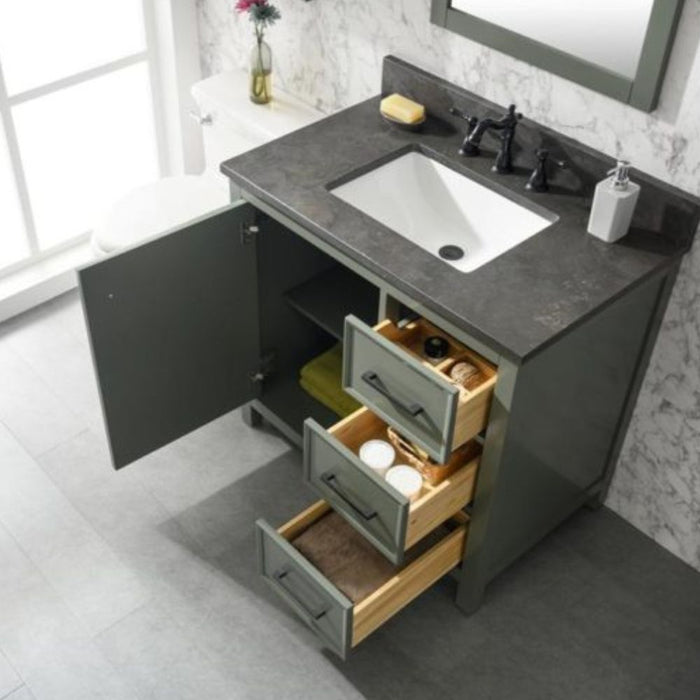 Sohan 36" Single Sink Vanity in Pewter Green - Blue Limestone Top, Pre-Drilled, 3 Drawers with Organizer