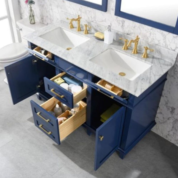 Herzen 54" Blue Wood Double Sink Vanity – Carrara Top & Soft Close Drawers