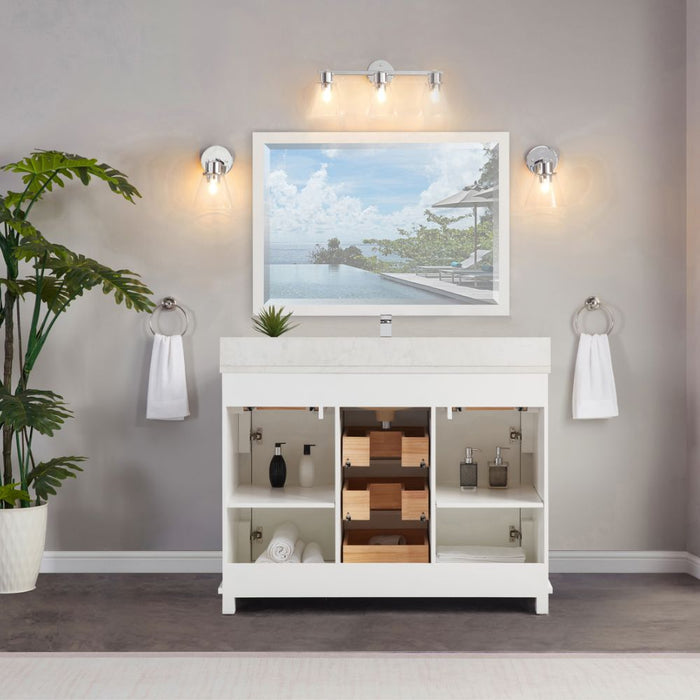 Arielle 48" White Wood Single Sink Vanity Cabinet - Artificial Stone Countertop, Soft-Close Doors & 5 Drawers