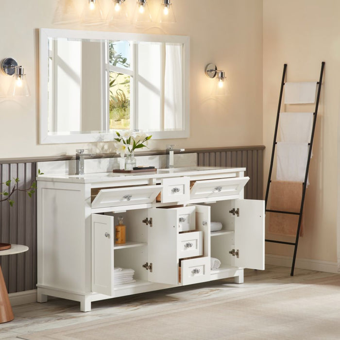 Miren 60" White Classic Solid Wood Bathroom Vanity with Artificial Stone Top, 6 Drawers & 4 Doors