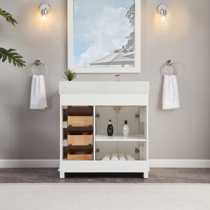 Vologne 36" White Solid Wood Bathroom Vanity Cabinet with Artificial Stone Top, Soft-Close Drawers & Dovetail Construction