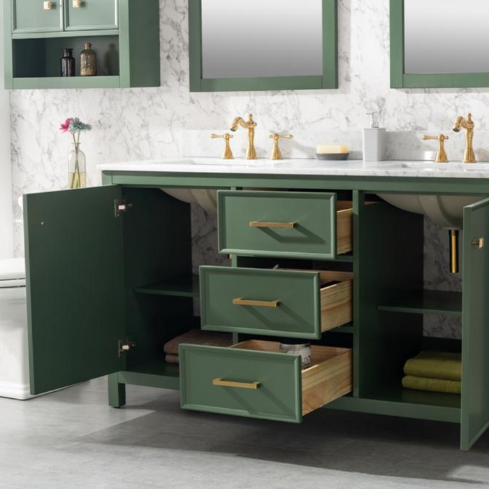 60" Seva Green Finish Double Sink Bathroom Vanity Cabinet with Carrara White Marble & 3 Drawers
