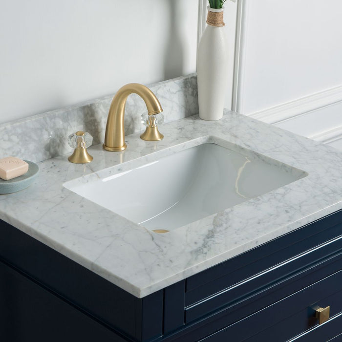 Quinne 30" Birch Wood Bathroom Vanity with Carrara Marble Top - 3 Drawer Storage & Gold Hardware