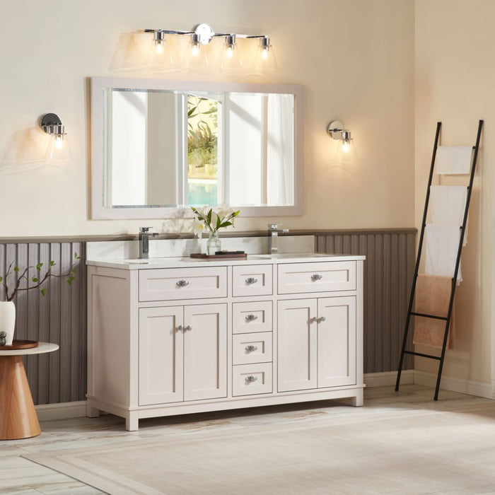 Cassandra 60" Solid Wood Bathroom Vanity White Finish Undermount Sink & Stone Top