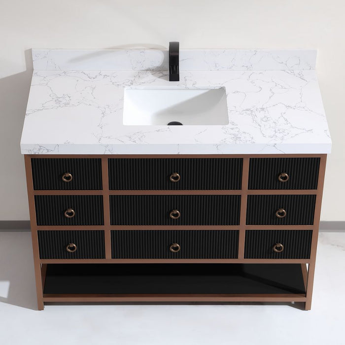 Fannie 48" Tricorn Black Oak Wood Bathroom Vanity with Golden Stainless Steel Frame - 8 Drawer Storage