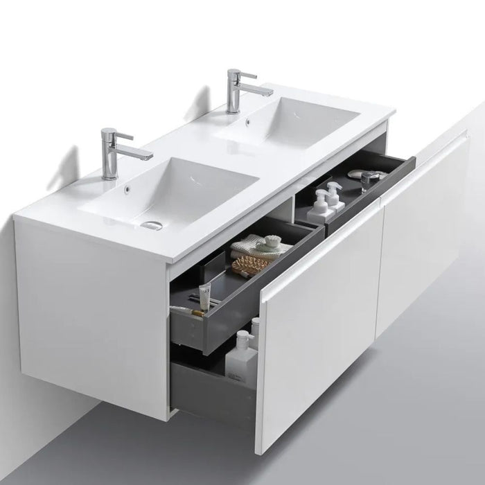 Diva 60" White Double Sink Wall Mounted Bathroom Vanity – Contemporary Floating Vanity with Drawers