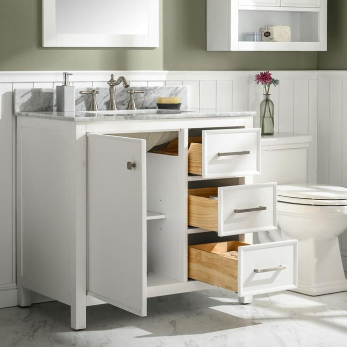 Calirette 36" White Single Sink Vanity with Carrara White Marble Top - 3 Drawer Storage