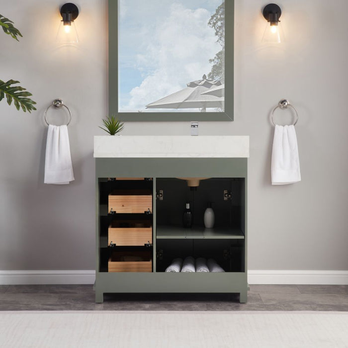 Sanaki 36" Solid Wood Bath Vanity French Contemporary Pewter Green Finish with Artificial Stone Top & 4 Drawers