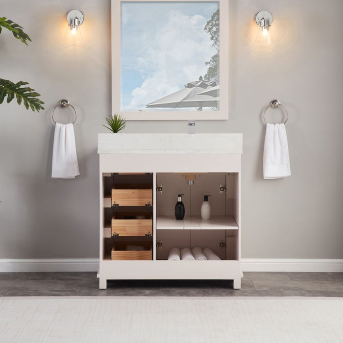 Rainier 36" Dreamy White Finish Bathroom Vanity with Artificial Stone Countertop & Dovetail Drawers
