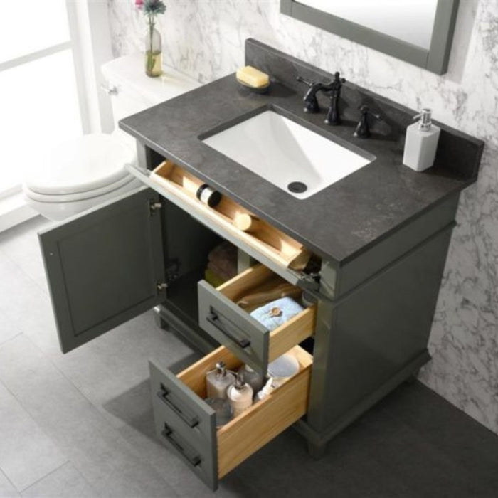 Cato 36" Blue Limestone Top Bathroom Vanity Cabinet - Pewter Green with Drawers & Ceramic Sink