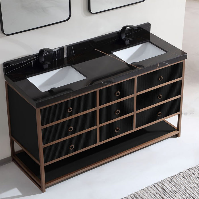 72" Double Vanity With Golden Brush Stainless Steel Frame And Tricorn Black Finish With 2' Thick Black Natual Stone Top