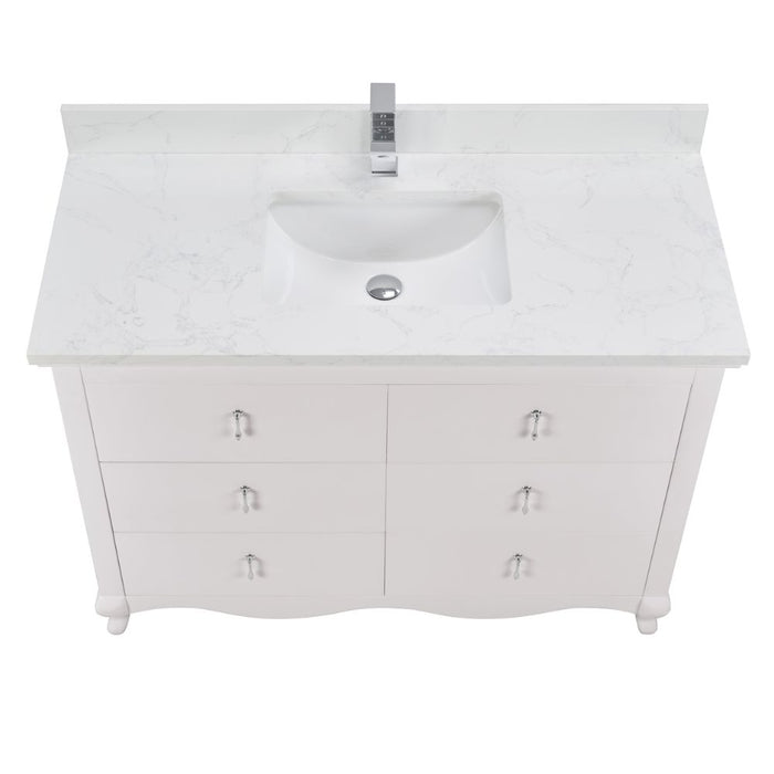 Adalwin 48" Dreamy White Solid Wood Bathroom Vanity - 6 Dovetail Drawers & Artificial Stone Top