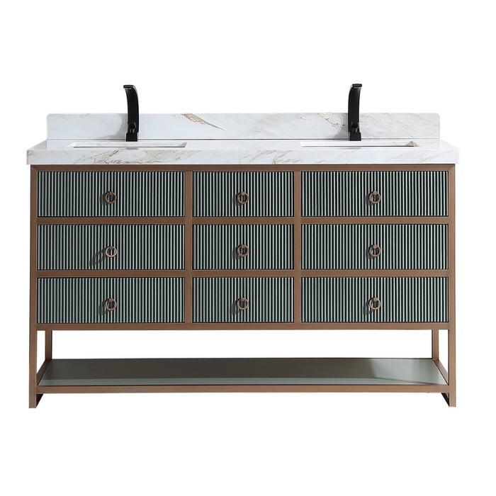 60" Double Vanity Stainless Steel Golden Brush Frame – Contemporary Pewter Green 2" White Marble Top 9 Drawers