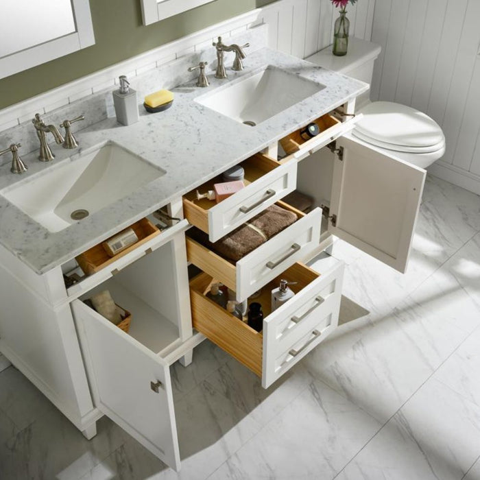 Sandrine 60" White Wood Double Vanity – Carrara Top & Storage Drawers