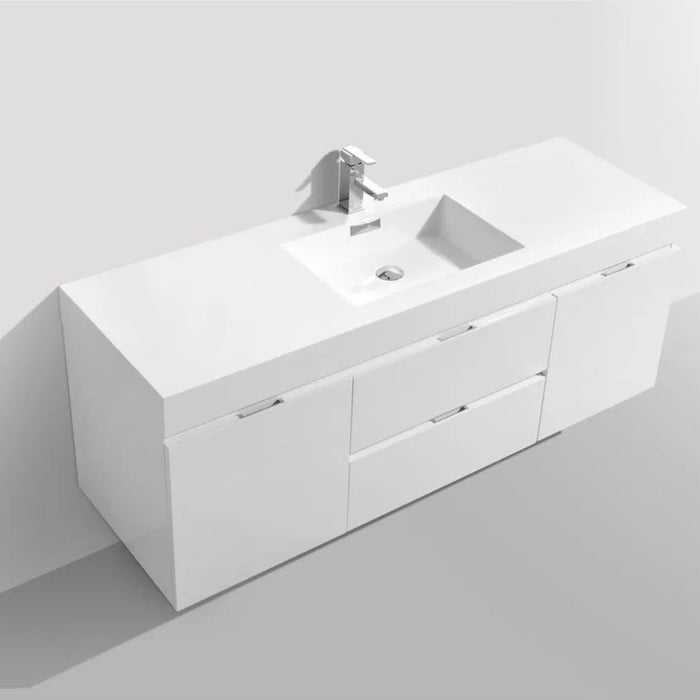 Amisa 60" Modern White Wall Mount Bathroom Vanity – Single Sink with Soft-Close Doors and Drawers