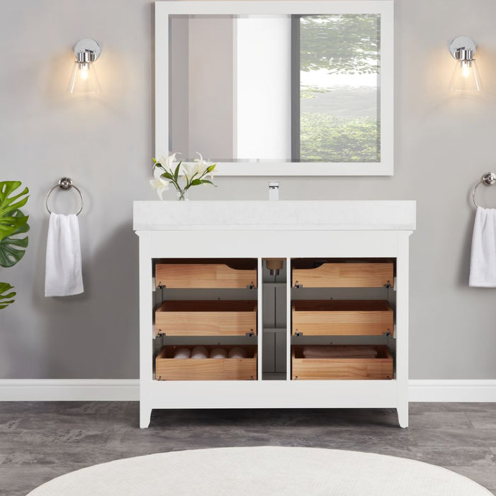 Leyton 48" White Single Sink Vanity - Solid Wood Construction with 1" Stone Countertop & 6 Drawers