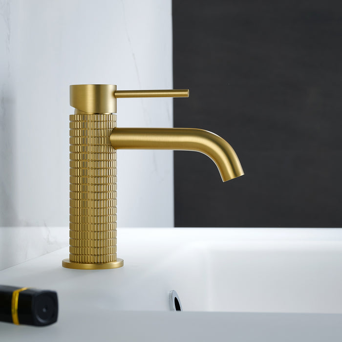 Single Handle Bathroom Anthem Faucet – Compact Brushed Gold Basin Tap with Elegant Design