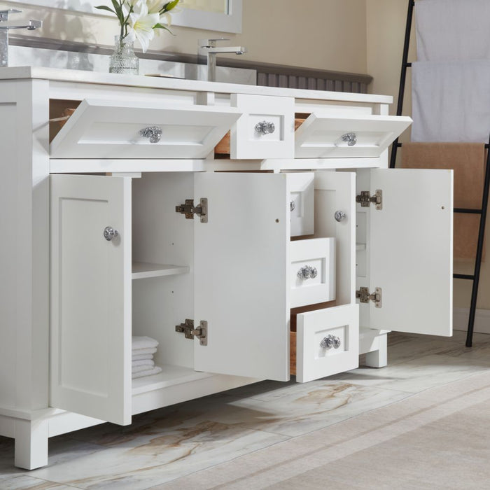 Miren 60" White Classic Solid Wood Bathroom Vanity with Artificial Stone Top, 6 Drawers & 4 Doors