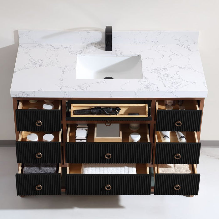 Fannie 48" Tricorn Black Oak Wood Bathroom Vanity with Golden Stainless Steel Frame - 8 Drawer Storage