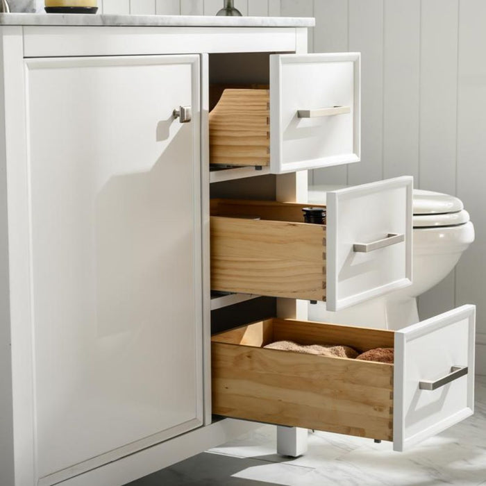 Calirette 36" White Single Sink Vanity with Carrara White Marble Top - 3 Drawer Storage