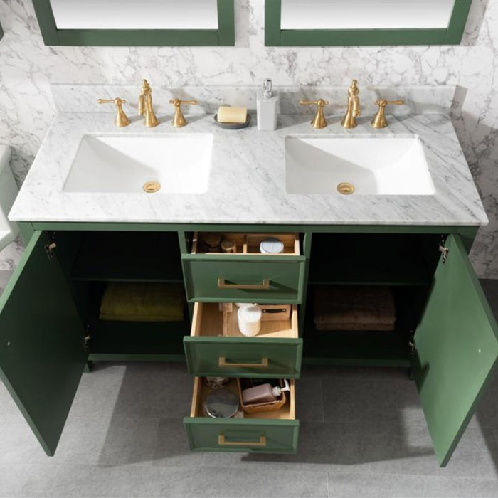 Monte 54" Green Wood Double Vanity Cabinet - With White Carrara Marble Top